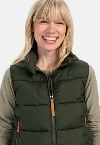 Grüne Steppweste mit hohem Kragen und Reißverschluss. Verfügt über zwei Seitentaschen mit braunen Akzenten, gestepptem Muster und leichtem Design.