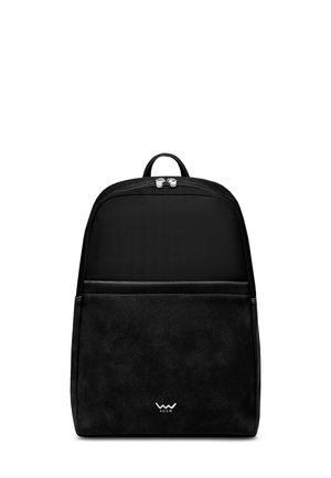 Black backpack with a smooth fabric upper and a textured lower section. Features a zipper top, a front pocket, and a logo. Simple, modern design.