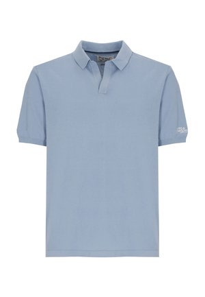 Polo azzurro chiaro a maniche corte con colletto, patta e piccolo logo bianco sulla manica sinistra.
