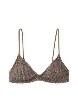 Braletă din material texturat maro, cu bretele subțiri reglabile și design cu cupe triunghiulare.