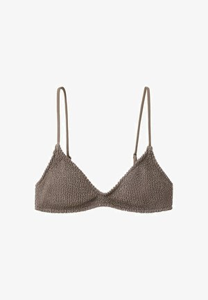 Brown textured fabric bralette with thin adjustable spaghetti straps and a triangular cup design.