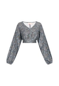 Top all'uncinetto con maniche puff lunghe, scollatura a V profonda e un motivo a foglie blu-grigio. Realizzato in tessuto leggero, lunghezza cropped e polsini arricciati.