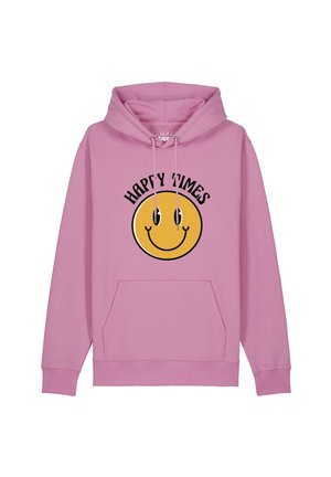Pinkes Kapuzensweatshirt mit Fronttasche, Smiley-Grafik und dem Text "HAPPY TIMES" über dem Gesicht.
