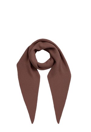 Brown textured knit scarf folded in a loop with two long pointed ends hanging down against a white background.