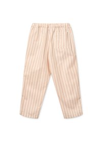 Lys beige pysjamasbukser med hvite vertikale striper, elastisk midje og en enkelt baklomme. Glatt stoff og tapered ben-design.