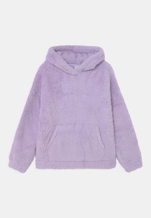 Sweat en polaire lavande douce à capuche, manches longues et poche kangourou à l'avant, présenté sur fond blanc.