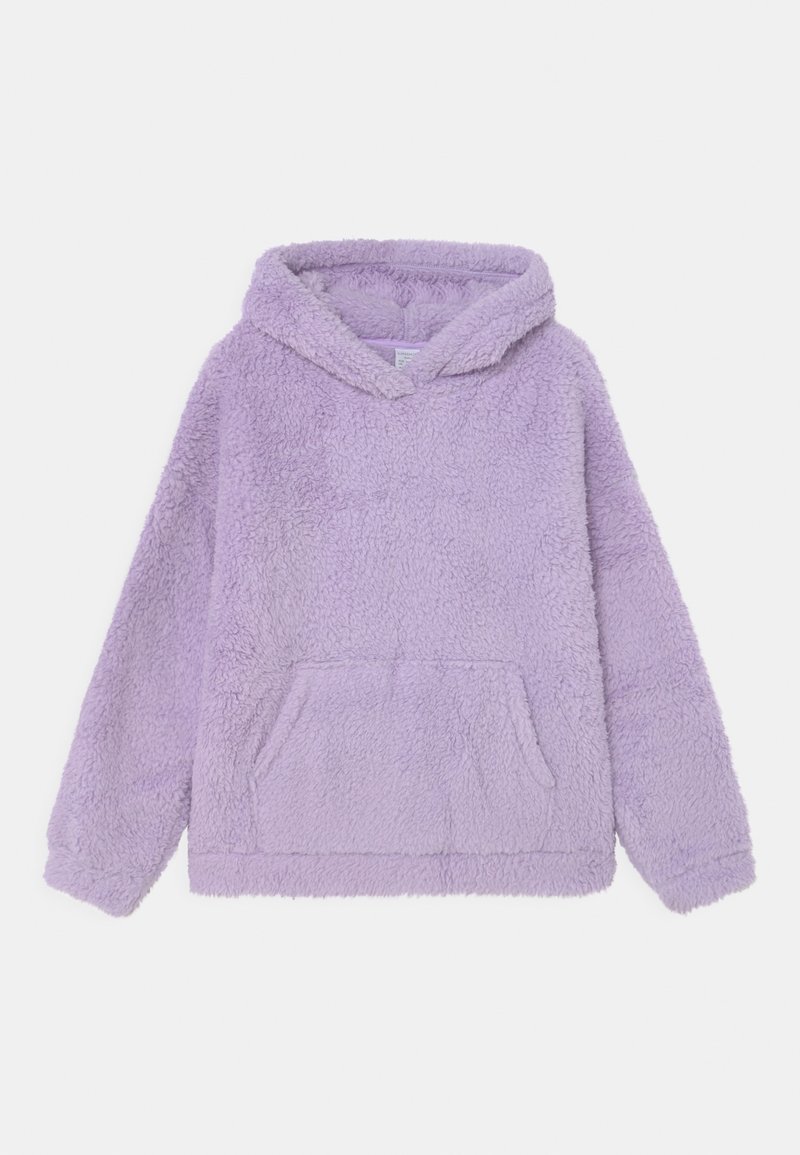 Sweat en polaire lavande douce à capuche, manches longues et poche kangourou à l'avant, présenté sur fond blanc.