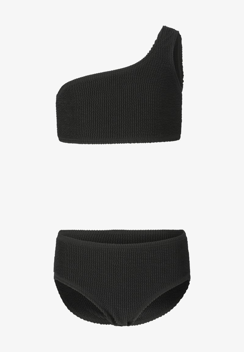 Maillot de bain deux pièces texturé noir avec haut asymétrique à une épaule et culotte taille haute, présenté à plat sur fond blanc.