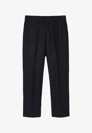 Black linen trousers with a tailored fit, featuring a single front button, pleats, and straight legs. Smooth texture with a lightweight finish.