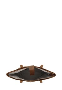 Brown leather tote bag with a zip closure, featuring an interior striped lining and two sturdy handles for easy carrying.