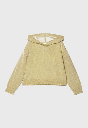 Hoodie doré scintillant avec un décolleté large, des manches longues et des poignets côtelés. Présente une finition texturée et un design court.