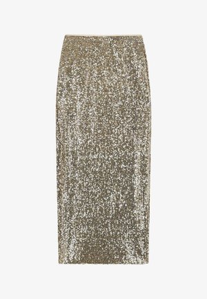 Jupe midi en sequins dorés et argentés avec une silhouette droite, taille haute et doublure lisse. Surface brillante et texturée avec un effet scintillant.