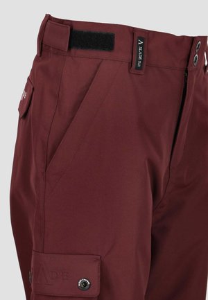 Burgundy cargo pants made of smooth fabric with a side pocket, exposed buttons, and a velcro waist closure. Features logo detail on the leg.