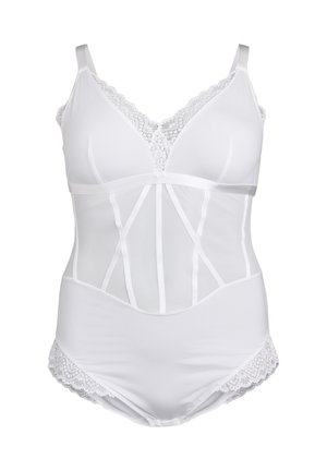 Valkoinen muotoileva bodysuit pitsireunuksilla, sileä kangas, kaarituki, läpinäkyvät paneelit ja koristeelliset yksityiskohdat alaosan reunoilla.