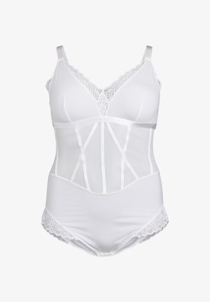 Bodysuit sculptant blanc avec bordures en dentelle, tissu lisse, soutien-gorge à armatures, panneaux transparents et accents décoratifs sur les bords inférieurs.