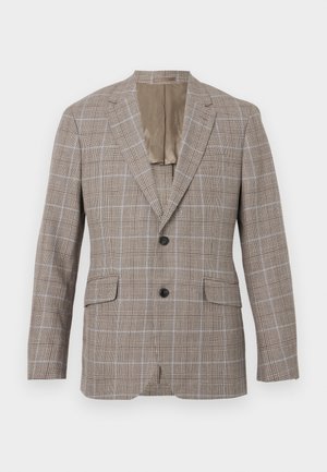 Braun karierter Blazer mit einem hellblauen Gittermuster, der zwei Vorderseiten-Taschen, einen Einzelknopfverschluss und ein kontrastierendes beiges Futter aufweist.