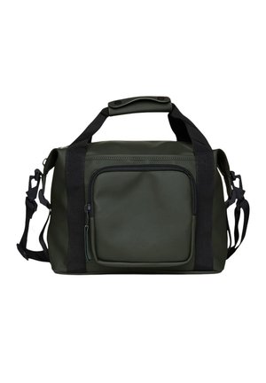 Borsa a sacca verde scuro realizzata in materiale resistente, dotata di una tasca frontale con zip, doppi manici superiori e spallaccio regolabile.