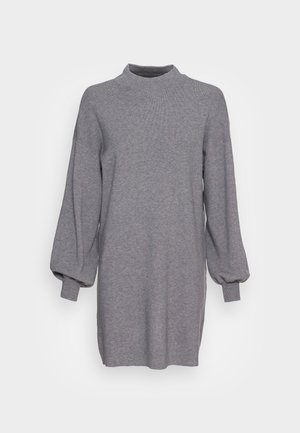 Gray knitted dress with a high neck, balloon sleeves, and ribbed cuffs. Features a loose fit and side slits for ease of movement.