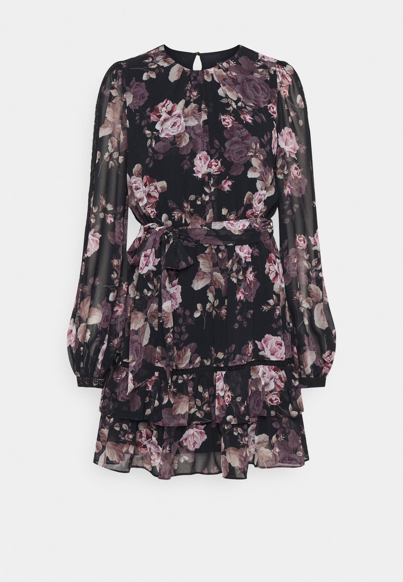 Robe fleurie en tissu noir transparent, avec manches longues, couches volantées et ceinture assortie. Les couleurs comprennent des nuances de rose et de crème.