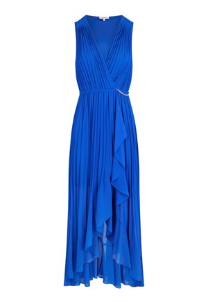 Blauwe mouwloze jurk met geplooid lijfje, wikkelontwerp en een laagjesrok die watervalachtig valt. Voorzien van een decoratieve accent bij de taille.