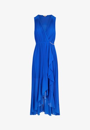 Blauwe mouwloze jurk met geplooid lijfje, wikkelontwerp en een laagjesrok die watervalachtig valt. Voorzien van een decoratieve accent bij de taille.