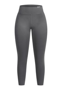 Leggings gris oscuro de cintura alta y largo completo, con un acabado suave y una pequeña etiqueta de la marca en la parte delantera derecha de la cinturilla.