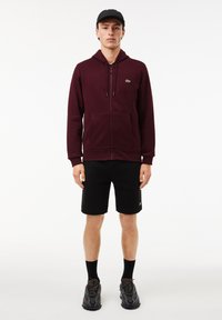 Felpa con zip color bordeaux, dotata di tasca frontale e cappuccio con cordino, abbinata a pantaloni corti neri. Sneakers nere con suola texturizzata.