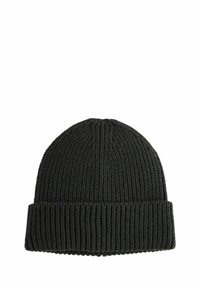 Strikket beanie-hat i mørkegrøn. Har en ribbet tekstur og en foldet kant for en tætsiddende pasform. Lavet af tykt, varmt materiale.