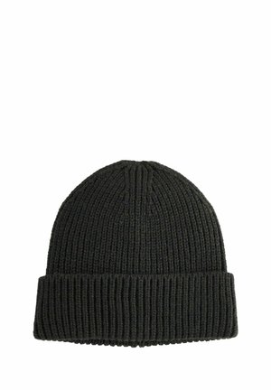 Donkergroene gebreide muts met ribbelstructuur en een opgerolde boord. Heeft een cilindervorm ontworpen voor warmte en comfort.