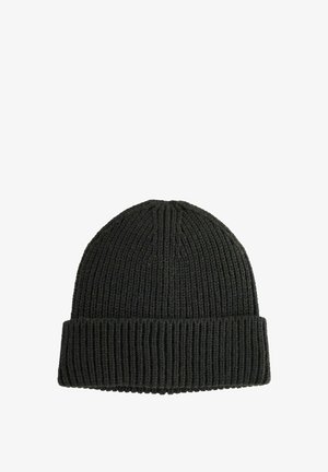 Donkergroene gebreide muts met ribbelstructuur en een opgerolde boord. Heeft een cilindervorm ontworpen voor warmte en comfort.