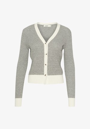 Szürke bordázott kardigán fehér V-nyakkal, hosszú ujjakkal és gombokkal az elején. Texturált anyaggal és kontrasztos szegéllyel rendelkezik.