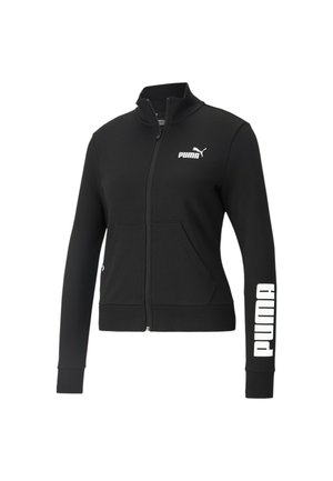Sort Puma-jakke med lynlås, hvidt logo på brystet og "PUMA" tekst på højre ærme, ribstrikkede manchetter og forlommer.