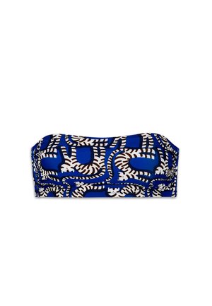 Blue bandeau top featuring a bold, abstract white and brown pattern. Smooth, stretchy fabric with gathered sides and no straps.