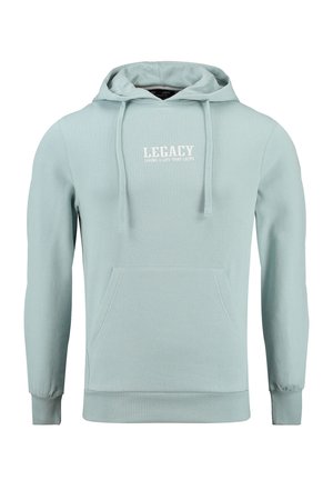 Hellblauer Baumwoll-Hoodie mit Kordelzügen, einer vorderen Kängurutasche und weißem Text: "LEGACY LIVING A LIFE THAT LASTS" auf der Brust.