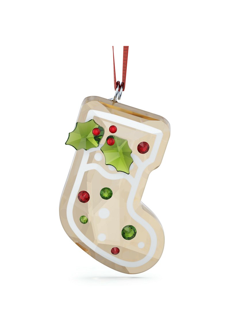 Przezroczysta szklana ozdoba w kształcie świątecznej skarpety z białymi akcentami, ozdobiona zielonymi i czerwonymi kamieniami oraz dwoma liśćmi ostrokrzewu na górze. Czerwona wstążka do zawieszenia.