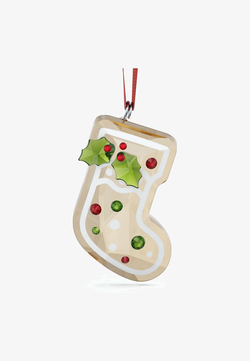 Przezroczysta szklana ozdoba w kształcie świątecznej skarpety z białymi akcentami, ozdobiona zielonymi i czerwonymi kamieniami oraz dwoma liśćmi ostrokrzewu na górze. Czerwona wstążka do zawieszenia.