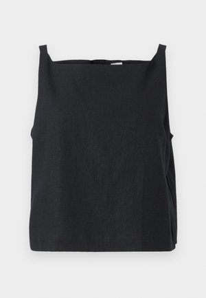 Un top negru, fără mâneci, fabricat dintr-un material ușor. Design pătrățos, cu guler rotund și bretele înguste. Textură netedă, detalii minime.