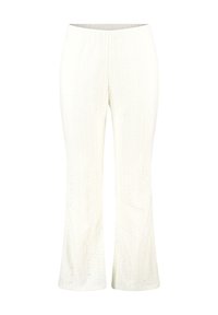 Pantalon blanc en tricot avec un design évasé, doté d'une taille élastique et de motifs texturés subtils sur tout le tissu.