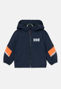 Navy blue children's hooded jacket with front zipper, orange and reflective stripes on sleeves, and white "HH" logo on chest.