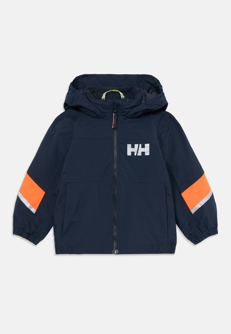 Dunkelblaues Kinder-Hoodie mit Frontreißverschluss, orangefarbenen und reflektierenden Streifen an den Ärmeln sowie einem weißen "HH"-Logo auf der Brust.