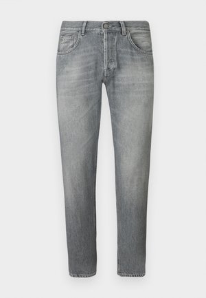 Jeans in denim grigio slim-fit con tasche frontali, chiusura a bottone, zip e sottili dettagli scoloriti su cosce e ginocchia.