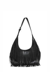 Must nahast õlakott tuttidega. Sile tekstuur, ümar kuju ja reguleeritav rihm metallist pandlaga.