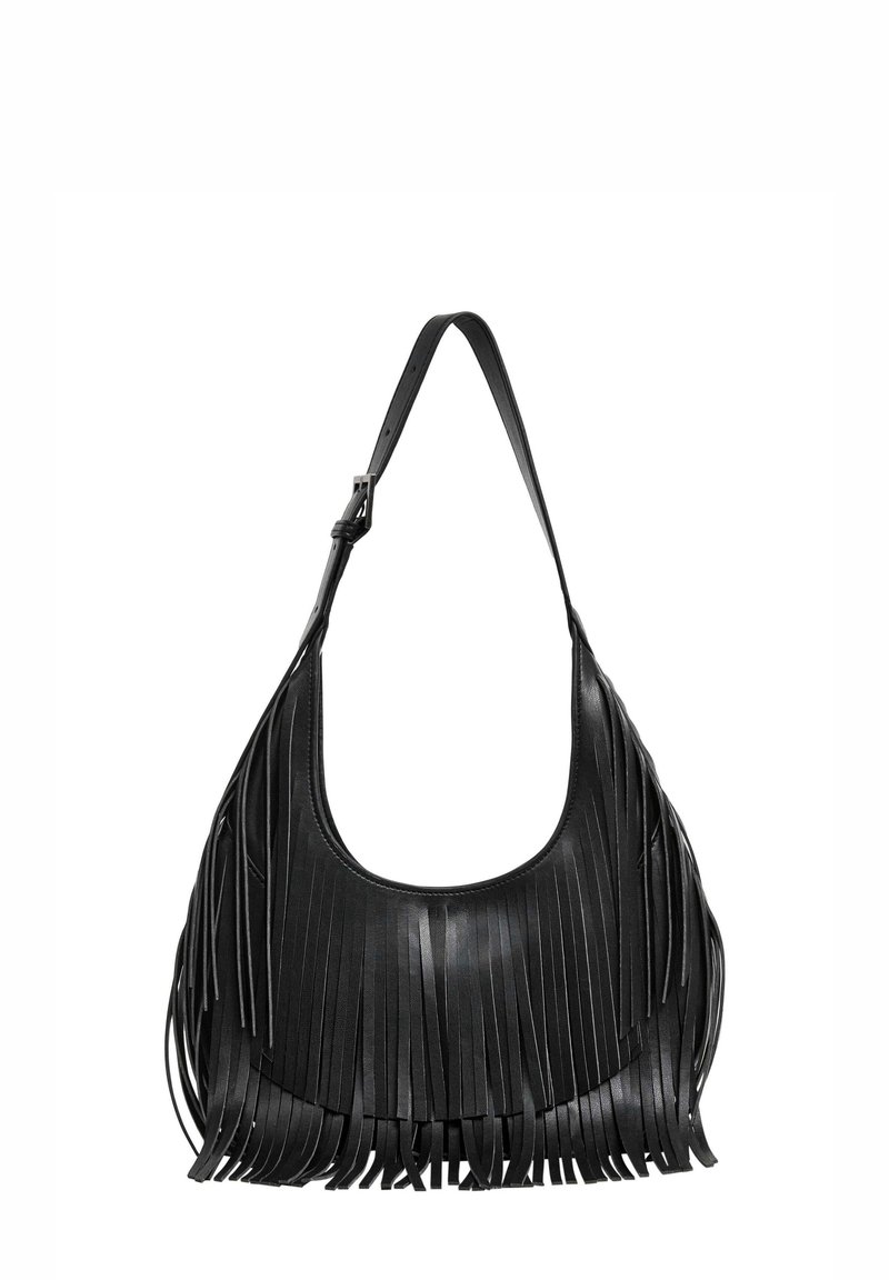 Must nahast õlakott tuttidega. Sile tekstuur, ümar kuju ja reguleeritav rihm metallist pandlaga.