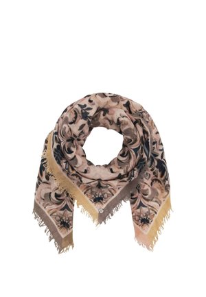 Soft fabric scarf with pink, beige, black, and blue floral patterns, fringed edges, and a small round metal tag on corner.
