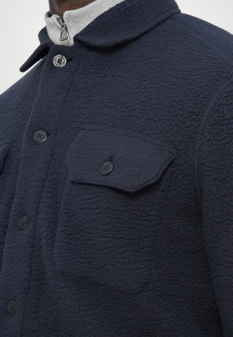 Navy fleece jacket featuring a textured fabric, collar, button closure, and one flap pocket with a dark button detail.