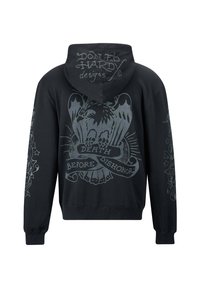 Felpa nera con cappuccio, caratterizzata da grafiche argentate, tra cui un'aquila e la frase "MORTE PRIMA DEL DISONORE" sul retro e sulle maniche.