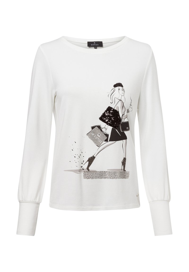 White long-sleeve shirt with a black graphic print of a stylish figure. Features a round neckline and gathered cuffs. Soft, textured fabric.