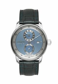 Zilveren chronograafhorloge met een blauwe gestructureerde wijzerplaat, twee subdialen en een donkergroene leren band, met een gepolijst roestvrijstalen kast.