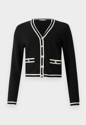 Sort cropped cardigan med lange ærmer, hvid kant ved halsudskæringen og lommer, fem knapper foran, glat tekstur.