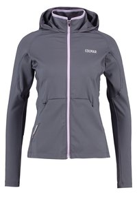 Sudadera con cremallera para mujer en color gris, con cremallera rosa, bolsillos laterales y logo "COLMAR" en el pecho.